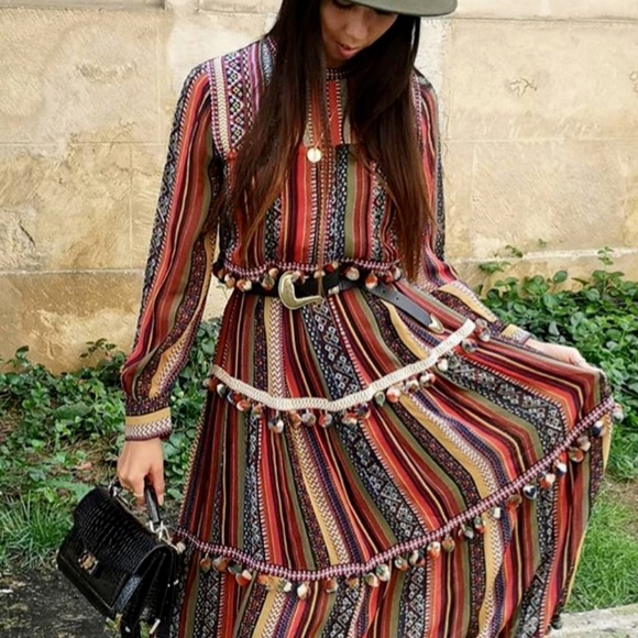 zara striped pom pom dress